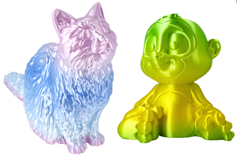 Figurines 3D printed with the Rosa3D PLA Multicolor Silk filament in Candy and Jungle